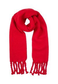 Sciarpa rossa in lana morbida con una consistenza liscia, caratterizzata da estremità con frange intrecciate. Progettata in una forma rettangolare lunga, ideale per essere avvolta.
