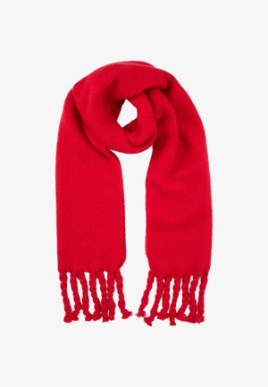 Écharpe en laine rouge, douce au toucher, avec une texture lisse et des extrémités à franges torsadées. Conçue dans une forme rectangulaire longue, idéale pour s'enrouler.