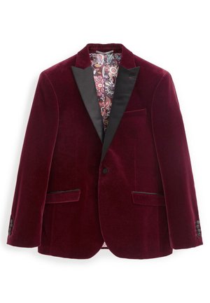 Blazer en velours bordeaux avec un revers en satin noir, deux poches avant et une doublure intérieure à motifs floraux.