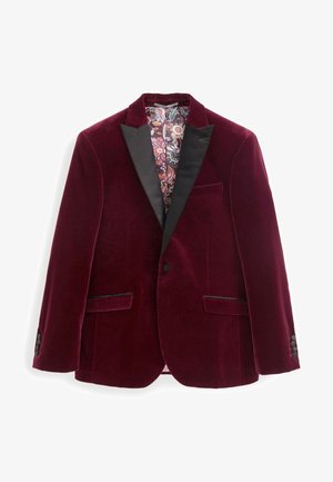 Bordeaux samt Blazer mit schwarzem Satin-Revers, zwei Fronttaschen und einem gemusterten Innenfutter mit Blumenmotiven.