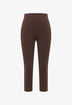 Braune, hoch taillierte Leggings in Knöchellänge aus glattem, elastischem Stoff ohne sichtbare Nähte oder Taschen.