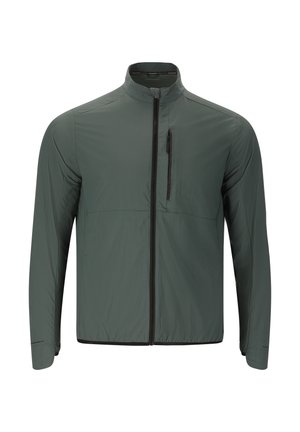 Lightweight green jacket with a high collar, full-length zipper, and a zippered chest pocket; smooth texture and minimalist design.