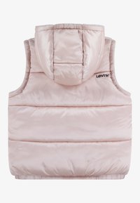 Puffy sleeveless vest in light pink satin, featuring a detachable hood and horizontal seams, with a Levi's logo on the back.