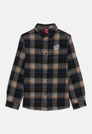 Button-up Karohemd in Marineblau, Schwarz und Orangetönen. Mit einem Logo-Patch und einem weichen, strukturierten Stoff, langen Ärmeln und einem Kragen.