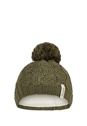 Olivgrüne gestrickte Wintermütze mit einem Pompon oben und einer weißen Innenseite, ausgestattet mit einem kleinen Stoffmarkenetikett an der Seite.
