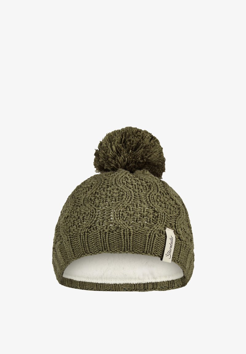 Olive green knit winter hat with a pom-pom on top and a white inner lining, featuring a small fabric brand tag on the side.