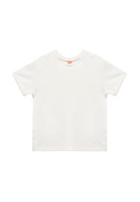 Hvid kortærmet T-shirt med struktureret stof, rund hals og lige skæring. Simpelt design uden mønstre eller udsmykninger.