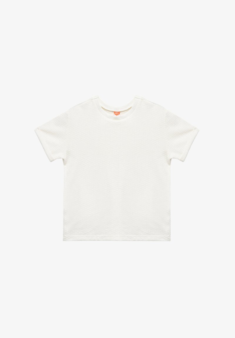 Hvid kortærmet T-shirt med struktureret stof, rund hals og lige skæring. Simpelt design uden mønstre eller udsmykninger.