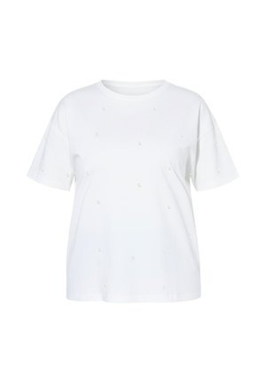 White short-sleeve T-shirt with round neck and small pearl-like embellishments scattered across the front and sleeves.