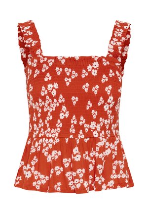 Röd blommig peplumtop med smockad byst och ruffled axelband. Vitt blommönster genom hela, texturerad tyg med utsvängd fåll.