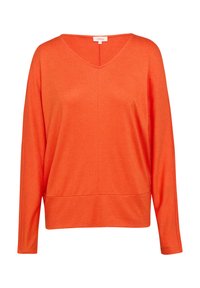 Oranger Strickpullover mit V-Ausschnitt, langen Ärmeln und lockerer Passform. Verfügt über eine glatte Textur und einen leicht verkürzten Saum.
