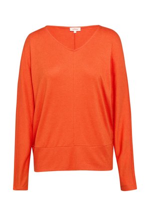 Oranje gebreide pullover met een V-hals, lange mouwen en een relaxed fit. Heeft een gladde textuur en een iets verkorte zoom.