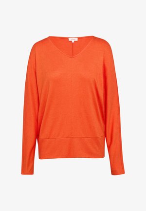 Oranje gebreide pullover met een V-hals, lange mouwen en een relaxed fit. Heeft een gladde textuur en een iets verkorte zoom.