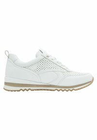 Scarpa da ginnastica bianca con pannelli perforati, punta arrotondata e una sottile suola zigzag beige. Presenta una chiusura con lacci e un pratico linguetta sul tallone.