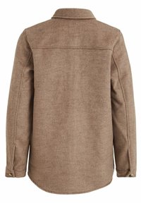 Veste-chemise marron en mélange de laine avec col, manches longues et poignets à boutons. Présente une texture lisse et un ourlet arrondi pour une coupe décontractée.