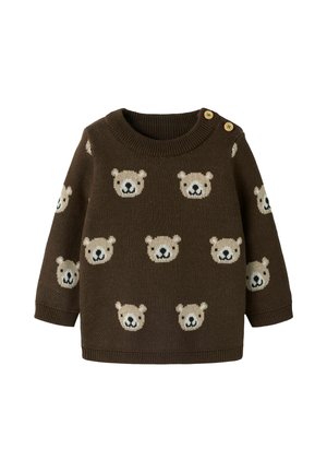 Pull bébé marron tricoté avec motif de visages d'ours souriants et détails de boutons à l'épaule.