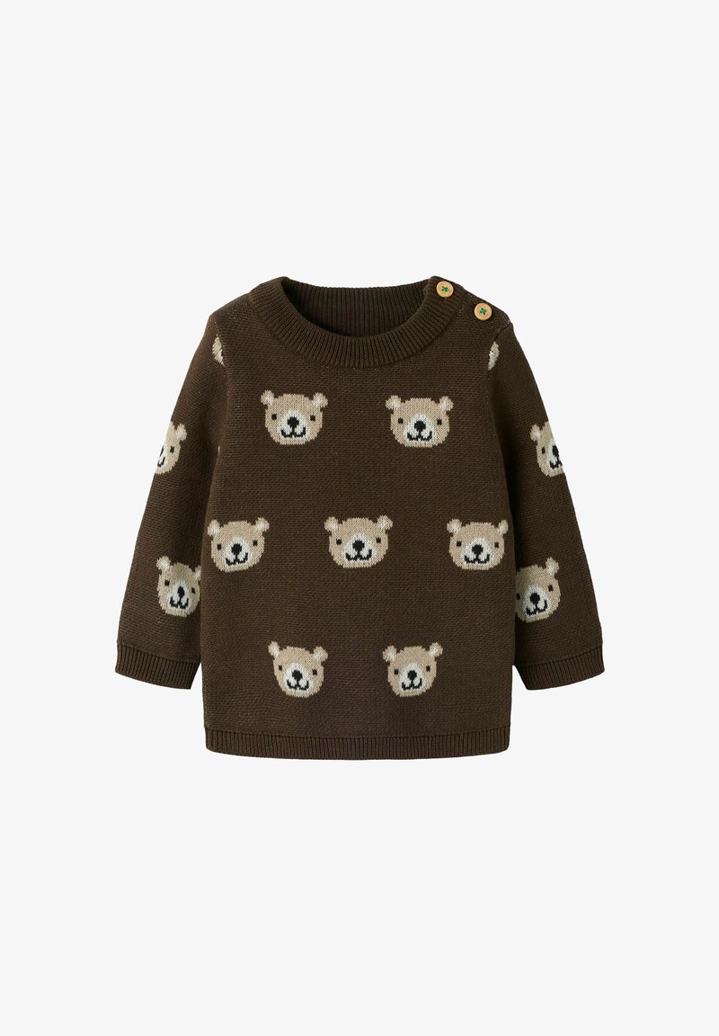 Pull bébé marron tricoté avec motif de visages d'ours souriants et détails de boutons à l'épaule.