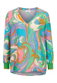 Färgglad v-ringad blus i lätt material med ett virvlande blommönster i rosa, grönt, blått och orange; långa ärmar med gröna manschetter.