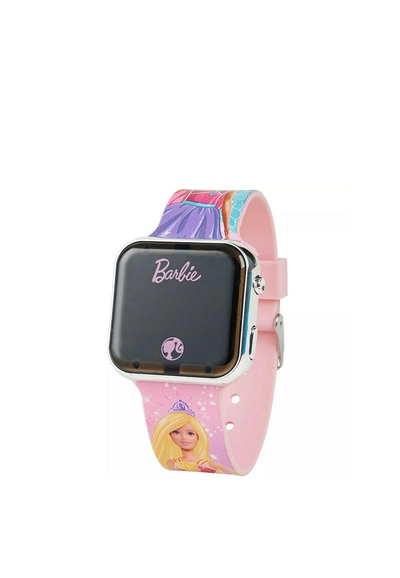 Orologio smartwatch rosa con quadrante nero quadrato, caratterizzato da grafiche di Barbie sul cinturino, che ha una texture liscia e dettagli in hardware argentato.
