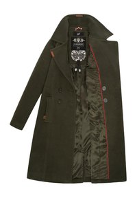 Olive green wool blend coat with a double-breasted design, featuring satin lining, side pockets, red trim, and a notched collar.