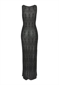 Schwarzes ärmelloses Maxikleid mit einem strukturierten Strickmuster, das geometrische Formen und Ausschnitte aufweist, taillierte Silhouette mit einem seitlichen Schlitz.