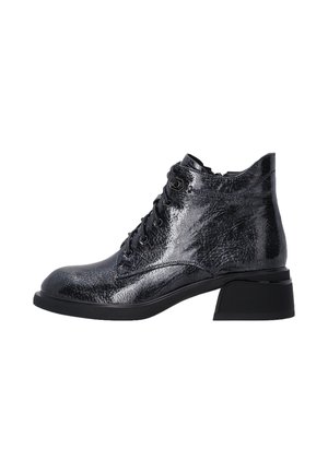 Black ankle boots made from shiny textured material, featuring round toe, lace-up design, and a block heel. Subtle metallic accents.