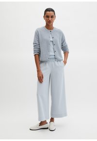 Hellblauer Strickcardigan mit rundem Ausschnitt und Knopfverschluss, kombiniert mit weit geschnittenen hellblauen Hosen und weißen Loafers. Glatte Textur.