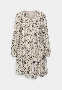 Robe à imprimé floral en beige clair avec des taches sombres, dotée d'un décolleté en V, de manches longues et d'un ourlet en couches. Fabriquée en tissu léger.