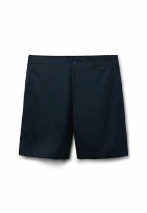 Donkerblauwe herenshort met knoopsluiting, elastische tailleband, taillebandlussen en zijzakken, plat weergegeven op een witte achtergrond.