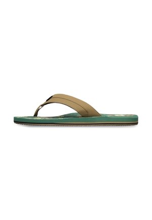 Brązowa japonka z gładką, syntetyczną górą i zielonym, wzorzystym wkładką. Posiada płaską podeszwę z teksturowanym bieżnikiem.