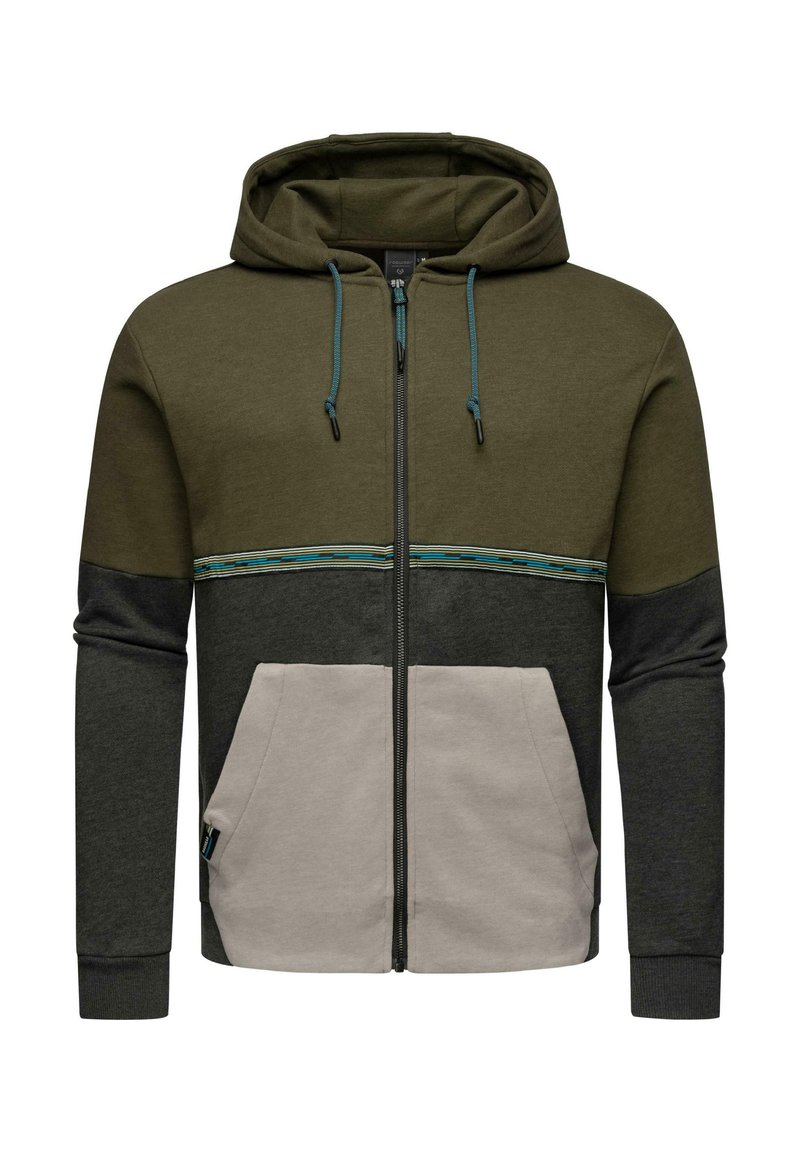 Hooded zip-up sweatshirt in olive, gray, and beige. Features contrasting panels, a patterned horizontal stripe, and front pockets.