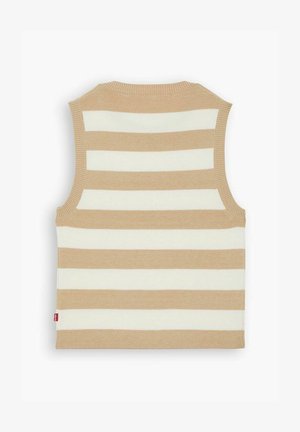 Suéter sin mangas a rayas beige y blanco con escote redondeado, textura suave y dobladillo acanalado. Etiketita de la marca visible en el lado inferior.