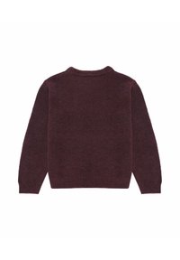 Bordeauxfarbener Pullover aus weichem Strickmaterial mit langen Ärmeln, Rundhalsausschnitt und strukturierter Oberfläche. Keine sichtbaren Muster oder Metallteile.