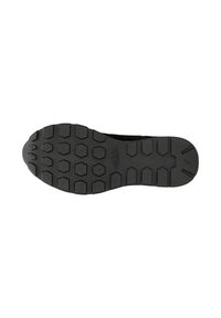 Černá podešev boty s texturovaným, hexagonálním vzorem pro lepší přilnavost, s rýhami a zaoblenou špičkou. Odolný gumový materiál.