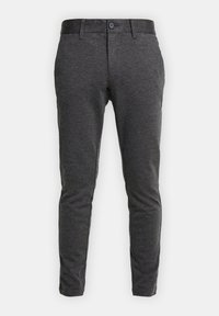 Pantaloni slim-fit in tessuto di cotone grigio scuro, caratterizzati da una texture liscia, chiusura con bottone e gambe affusolate. Design minimalista senza pattern.