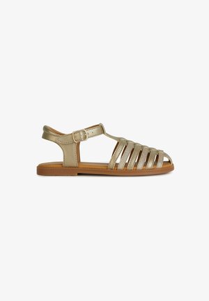 Sandal in pelle dorata con molteplici cinturini, design con punta aperta, fibbia regolabile alla caviglia e suola in gomma per stabilità. Texture liscia e lucida.