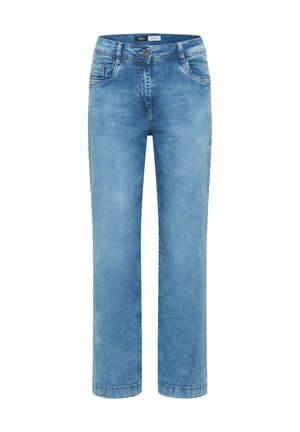 Jean en denim bleu clair coupe droite, bouton sur le devant, fermeture éclair, passants pour ceinture, poches avant et arrière.