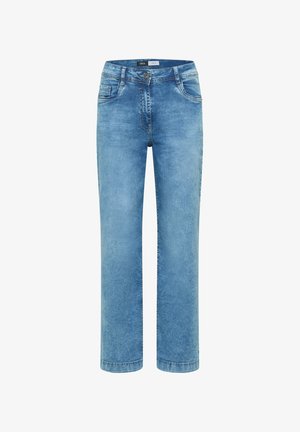 Lichtblauwe denim jeans met een rechte pasvorm, voor een knoop, rits, riemlussen en voor- en achterzakken.