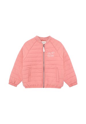 Pink quilted jacket with front zipper and elastic cuffs, featuring white text "I will win your heart" on the chest, and two front pockets.