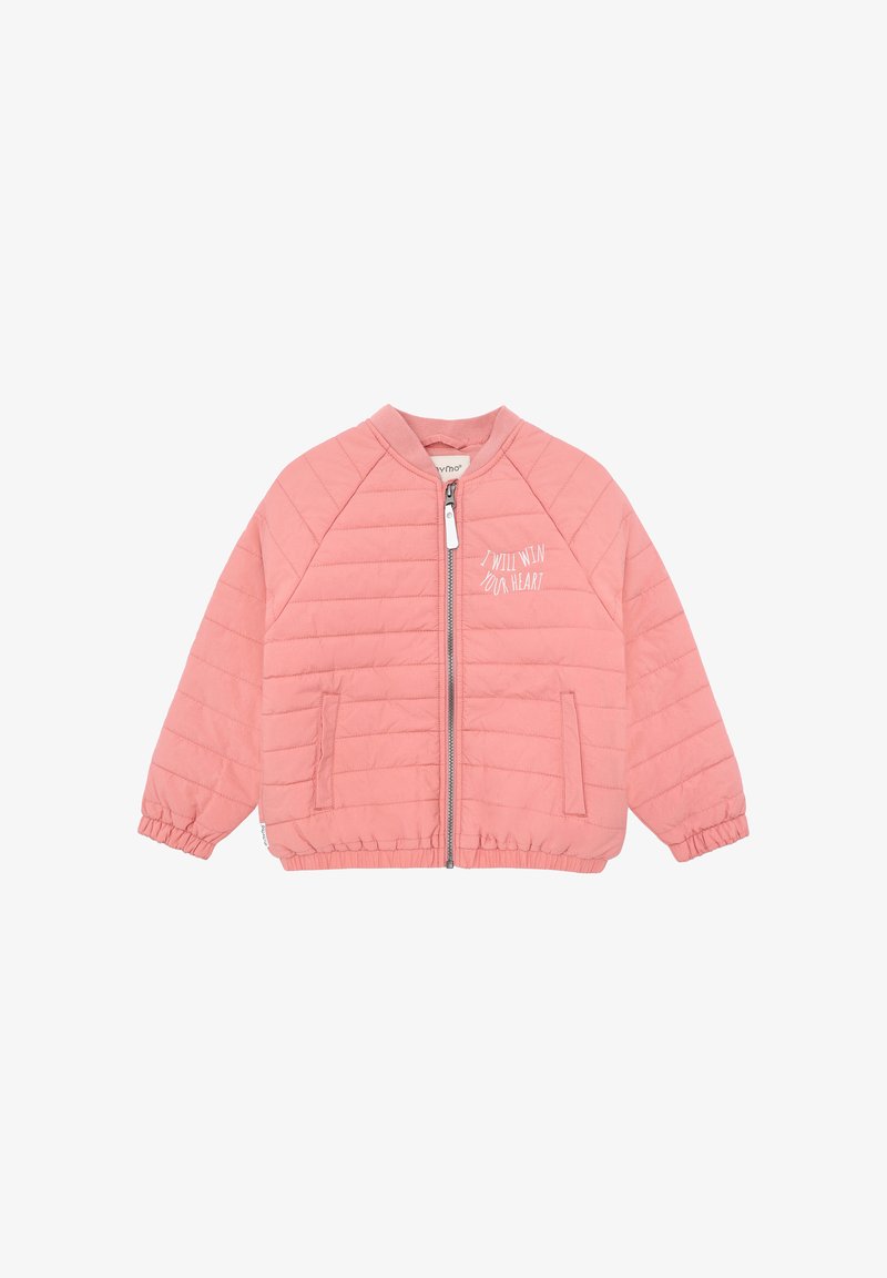 Różowa pikowana kurtka z przednim zamkiem i elastycznymi mankietami, z białym napisem "Zdobywam twoje serce" na piersi oraz dwoma przednimi kieszeniami.