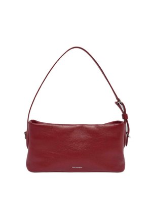 Rote Leder-Schultertasche, rechteckige Form, glatte Textur, mit verstellbarem Trageriemen und dezentem Branding auf der Vorderseite.