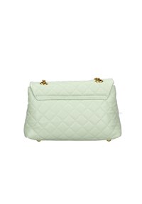 Borsa a tracolla in verde menta trapuntata con una forma ben definita, dotata di accessori in oro nella parte superiore e una finitura liscia al tatto.