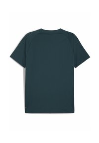 Dunkelblaugrünes Kurzarm-T-Shirt mit Rundhalsausschnitt, von hinten auf einem weißen Hintergrund gezeigt.