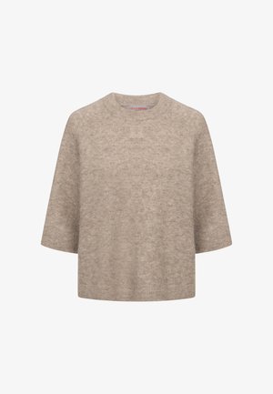 Beige korte mouwen gebreide trui met ronde hals, zachte textuur en een ontspannen pasvorm.