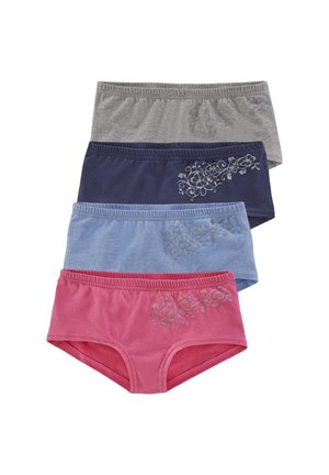 Vier paar katoenen boyshort-style onderbroeken in grijs, marineblauw, lichtblauw en roze, elk met decoratieve bloemenborduursels aan de zijkant.