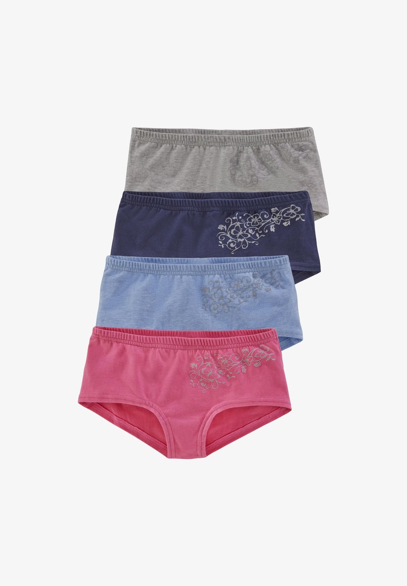 Quatre paires de sous-vêtements de style boyshort en coton de couleur grise, marine, bleu clair et rose, chacune ornée d'une broderie florale décorative sur le côté.