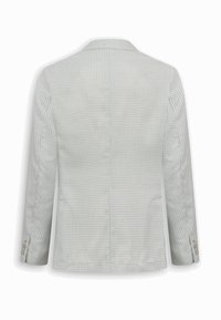 Blazer gris claro con pequeño patrón a cuadros, mangas largas y detalles de botones en los puños, visto desde atrás sobre fondo blanco.