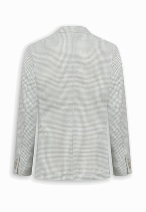 Hellgrauer Blazer mit kleinem Karomuster, langen Ärmeln und Knopfdetails an den Manschetten, von hinten auf weißem Hintergrund gezeigt.