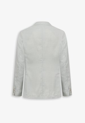 Hellgrauer Blazer mit kleinem Karomuster, langen Ärmeln und Knopfdetails an den Manschetten, von hinten auf weißem Hintergrund gezeigt.