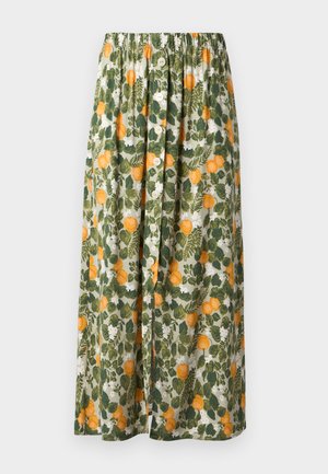 Jupe midi à imprimé floral jaune et blanc, feuilles vertes, taille élastiquée, et détails de boutonnage central sur le devant.